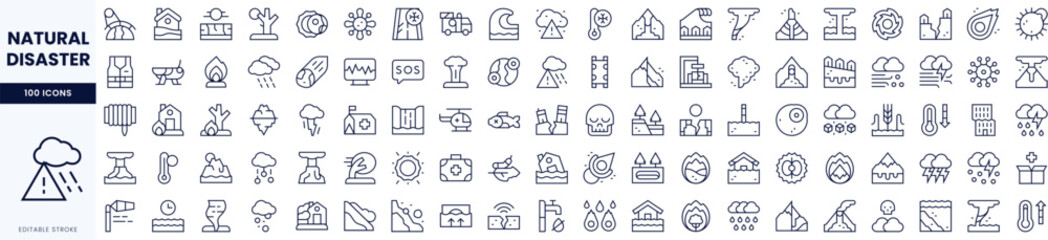 A collection of icons representing various natural disasters, including earthquakes, floods, and wildfires, in a minimalist design.
