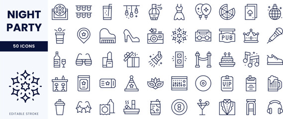 A vibrant collection of line icons representing elements of a night party, including drinks, decorations, and entertainment.