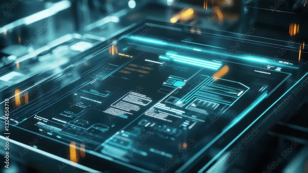 Poster futuristic control panel displaying manufacturing data and statistics, highlighting innovative techn