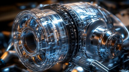 Transparent cutaway of intricate automotive transmission showcasing gears and internal mechanisms