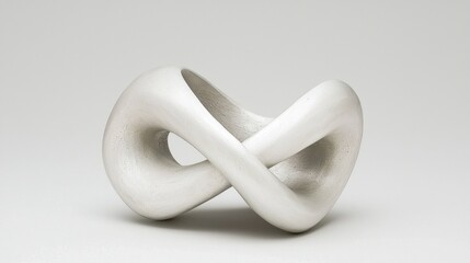 A white abstract sculpture with a twisted, looped form.