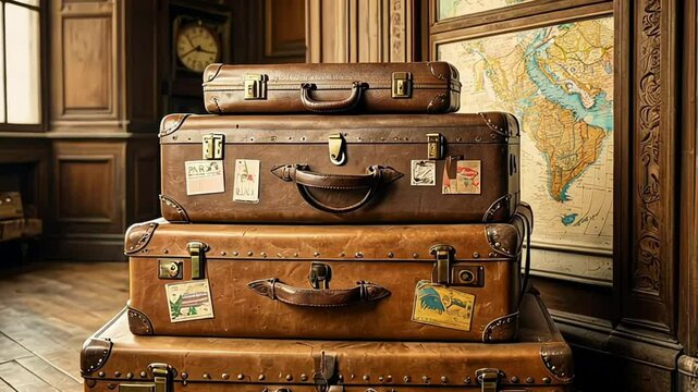 Stacked vintage suitcases plastered with retro travel stickers to Paris and Cairo, worn leather edges and brass locks gleaming under warm light, perched beside a wooden trunk and faded world maps dott