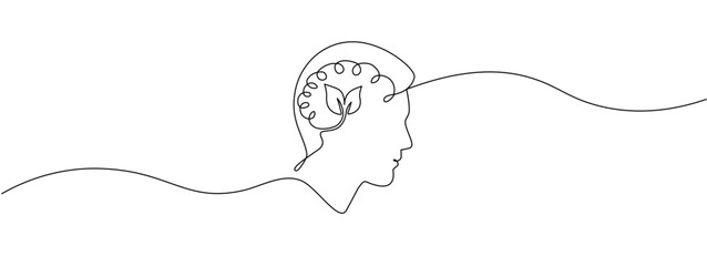 Human head with a plant inside , drawn in one continuous line. Concept of psychotherapy, mental health, problem solving. Symbol of creative ideas, self-help . Vector editable line illustration.