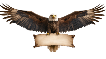 Bald Eagle with Outstretched Wings Holding a Blank Banner - Isolated on Transparent Background

