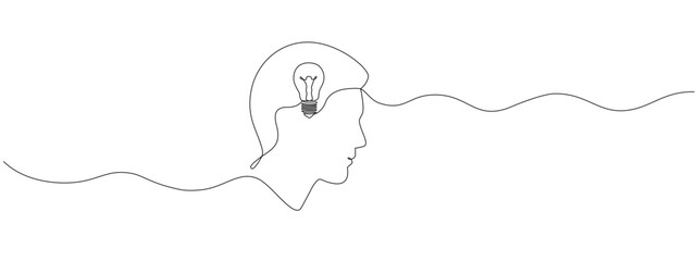 Head with a light bulb drawn in one continuous line. The concept of thinking, education, psychology. Vector editable illustration
