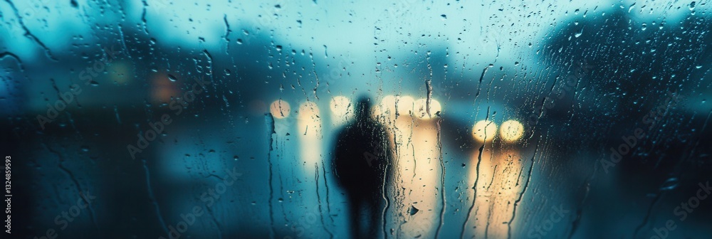 Poster lonely figure stands behind raindrop-covered window, evoking deep emotions in blurred reflections an