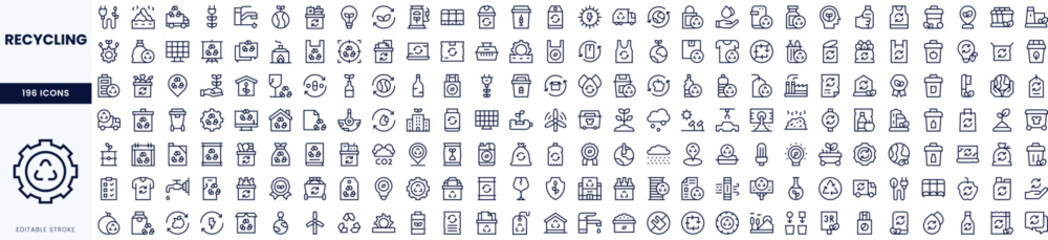 Collection of recycling icons in a minimalist line art style, featuring symbols of sustainability and eco-friendliness.