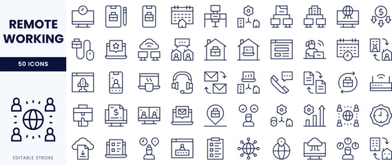 A collection of line icons representing various aspects of remote working, including communication, planning, and technology.