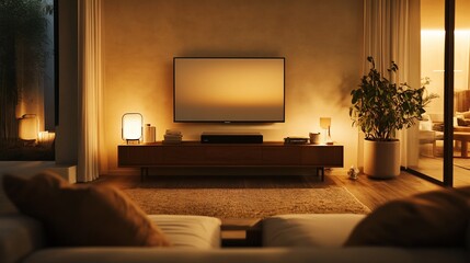 Warmly lit living room with flat-screen TV, wooden console, and cozy seating