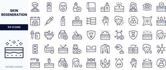 Illustration of diverse skin regeneration icons featuring treatments, products, and skincare routines in a clean design.