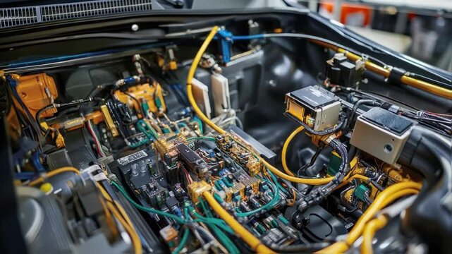 Close up view of an innovative electric car engine showcasing intricate wiring, circuitry, and electronic components, highlighting the complexity of modern automotive technology