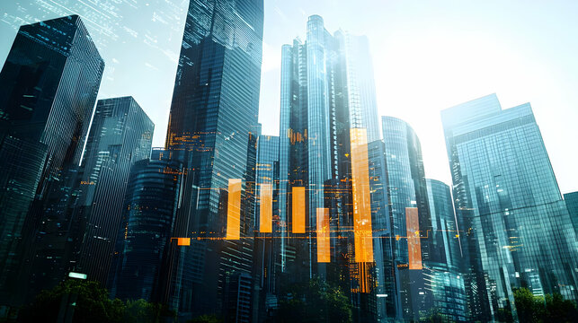 Modern Cityscape With Orange Growth Chart Overlayed On Glass And Steel Skyscrapers In A Thriving Financial District - Powered by Adobe