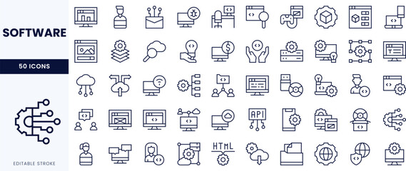 A collection of line icons representing various software concepts, including coding, user interface, and digital technology.