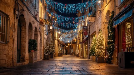 Narrow european street decorated with christmas lights and christmas trees