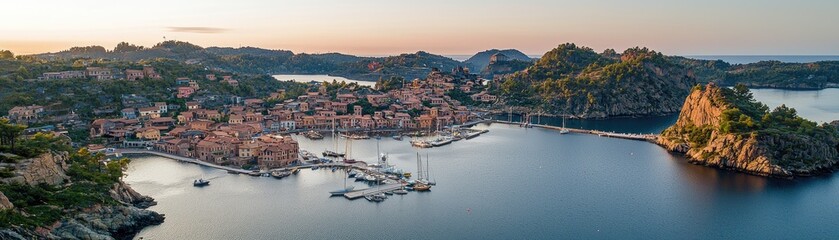 Aerial view of village in Corsica by the ocean at dawn. Travel ad