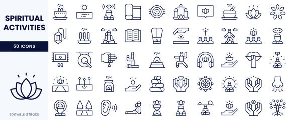 A collection of line icons representing various spiritual activities, including meditation, rituals, and community gatherings.