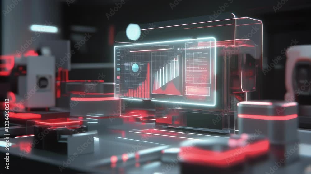 Poster complex quantum computer performing calculations and displaying data on a transparent screen, illumi