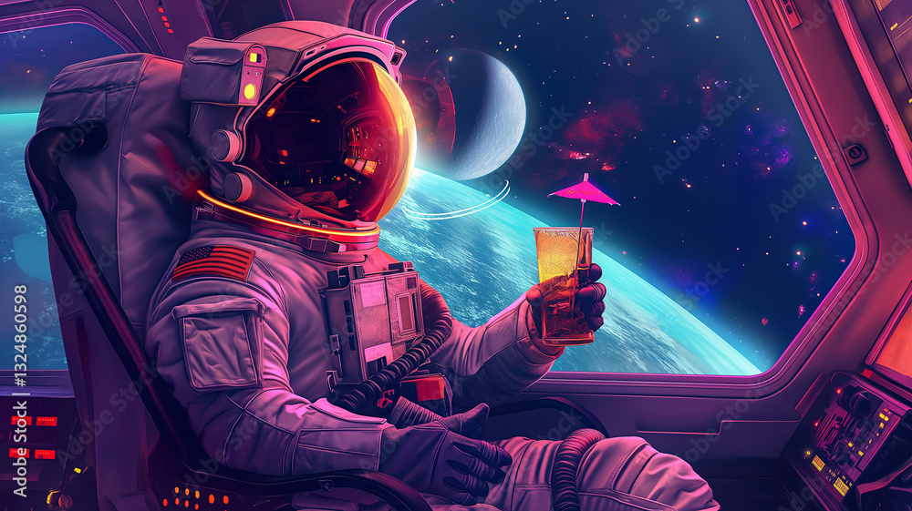 Poster this astronaut sips a drink with an umbrella, admiring distant planets from a space habitat.