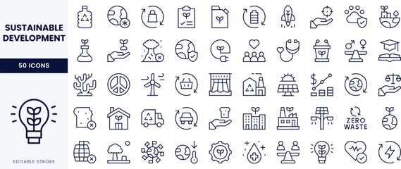 A collection of elegant line icons representing sustainable development themes, including renewable energy, conservation, and social responsibility.