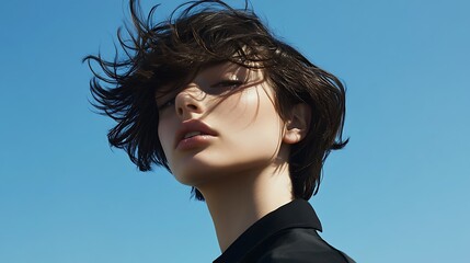 Beautiful young woman with short dark hair under the blue sky