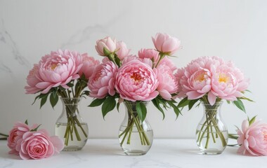 Obraz premium Pink Peonies and Roses in Vases on White Marble Surface