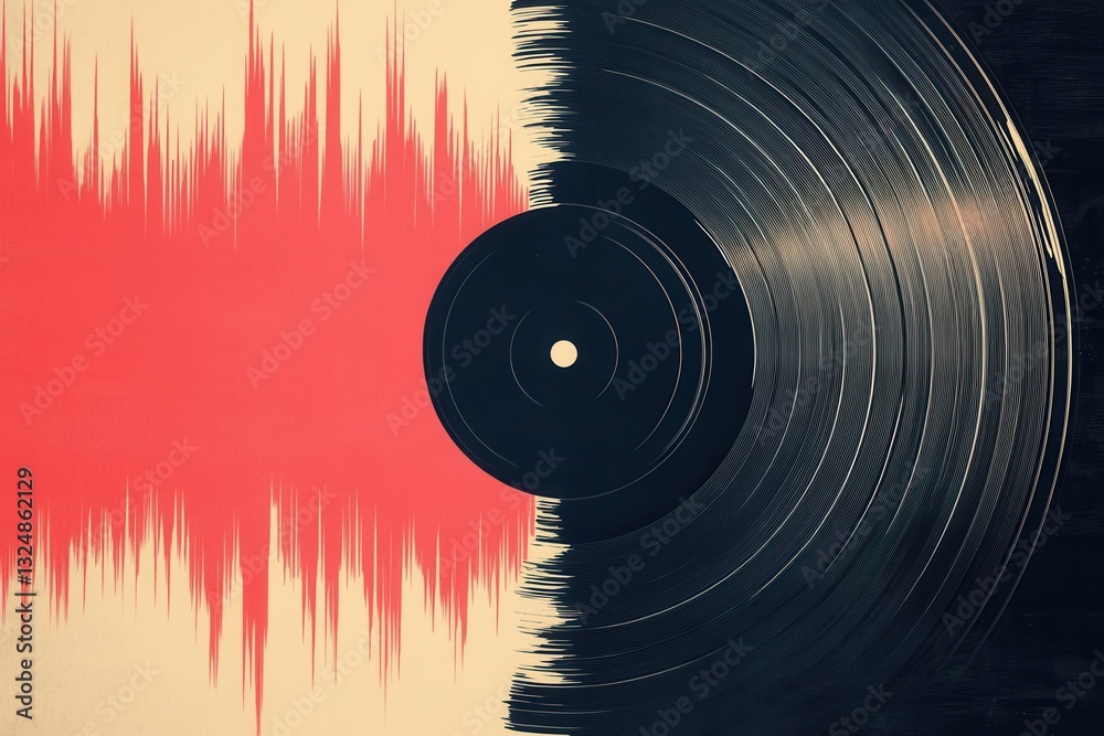 Poster vinyl record texture with soundwave ripples in black and red showcasing rhythmic design and golden r
