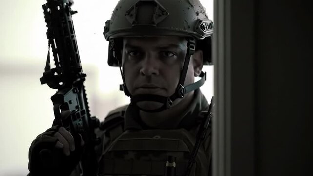 Caucasian man in tactical gear and helmet with assault rifle. Military or swat operation in low light conditions. Action scene from movie or series about special forces.