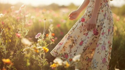 Beautiful woman in elegant long skirt dancing walking in wild flower field in Spring.