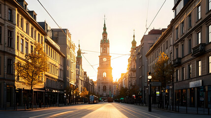 Fototapeta premium Majestic City Street Scene Illuminated By Sunset With Historic Architecture And Warm Golden Light