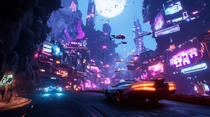 Obraz premium Neon Cityscape at Night: Futuristic Vehicles and Glowing Buildings