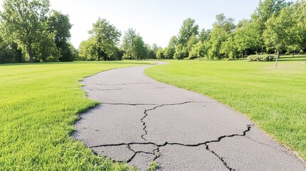 Obraz premium Cracked path through lush green park with trees on a sunny day