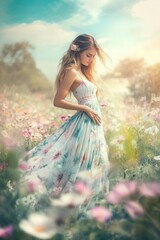 Obraz premium Beautiful woman in elegant long skirt dancing walking in wild flower field in Spring.