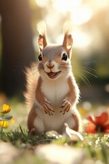 Cute squirrel in Spring field in forest.