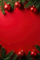 Red background, pine branches, red & gold ornaments Flat lay Christmas design , gold, golden