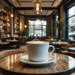 Fototapeta premium Primer plano taza de café sobre una mesa redonda de madera en un bar café vintage