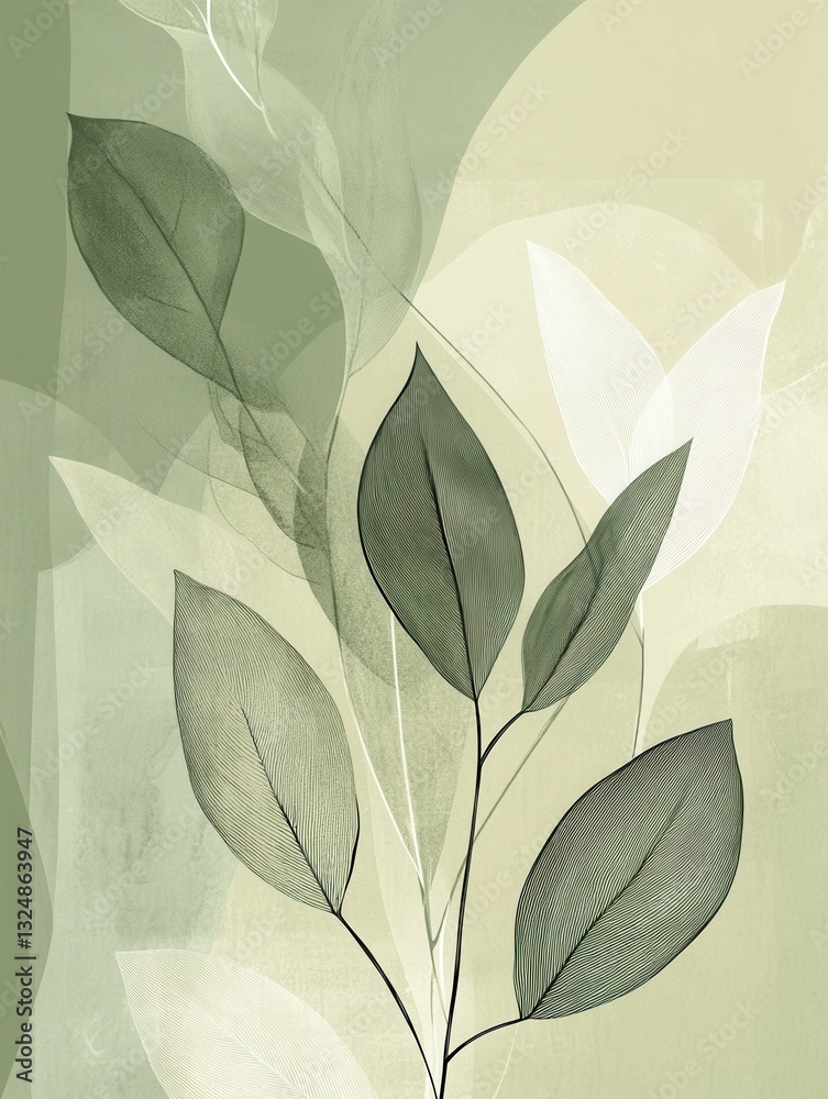 Poster elegant botanical line art design featuring soft green background and golden ratio balance for moder