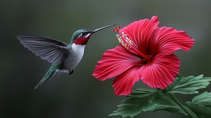 Naklejka premium Hummingbird feeding hibiscus, garden, blurred background, nature print