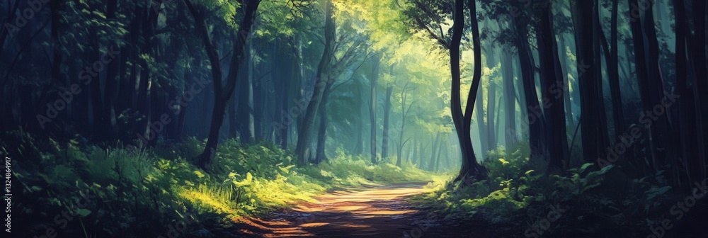Aufkleber forest path leads into sunlight through tall trees and dense foliage inviting exploration in a seren