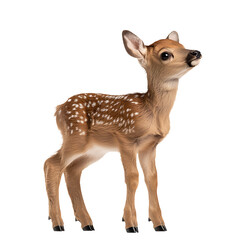 A young deer fawn stands tall against a black backdrop. The fawn is brown with white spots, its head lifted with curiosity. Charming wildlife photography.