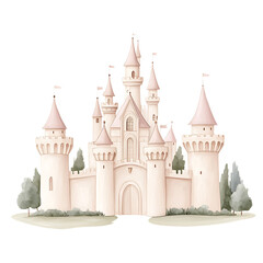 Obraz premium Watercolor castle illustration of a majestic fairytale castle, complete with towers, flags, and surrounded by greenery. Digital illustration.