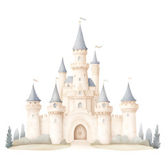 Dreamy castle illustration, with detailed turrets and a whimsical design, evokes a fairytale setting and a sense of magic and wonder. .