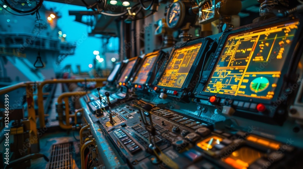 Aufkleber Maritime control panels display illuminated screens and buttons as crew members monitor operations during dusk on a vessel, showcasing advanced navigation technology in use.