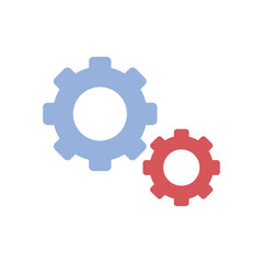 Flat vector illustration of two interlocking gears in red and blue representing mechanical settings or system configuration