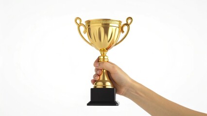 Triumphant Victory: Hand Holding Gleaming Golden Champion Trophy Cup, Isolated on Pure White Background. Perfect for celebrating success, achievement, awards, competition, winning,          