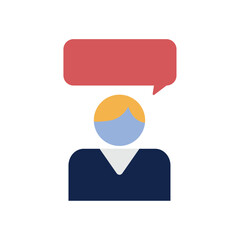 Flat vector illustration of a person with a speech bubble representing communication, dialogue, or user feedback