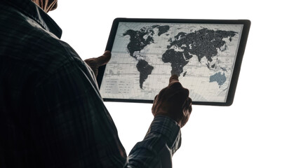 Businessman planning global strategy using digital tablet with world map on transparent background