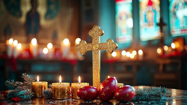 golden orthodox cross with decorated easter eggs and candlelight in a church interior, symbolizing faith, resurrection, and religious tradition