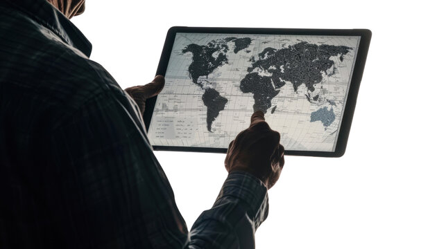 Businessman planning global strategy using digital tablet with world map on transparent background