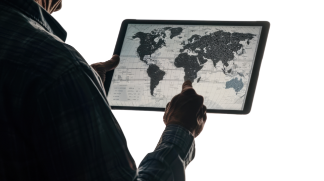 Businessman planning global strategy using digital tablet with world map on transparent background