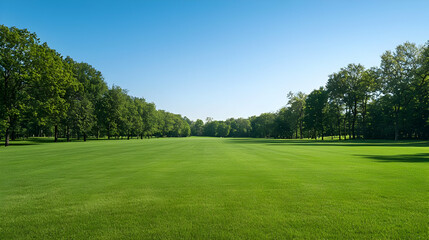 Expansive Green Lawn Leading To Forest With Bright Blue Sky In Daytime